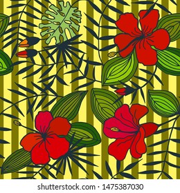 tropical flowers, leaves. seamless pattern. eps 10 vector illustration. hand drawing