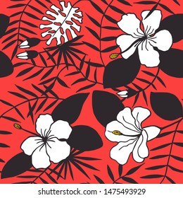 tropical flowers, leaves. seamless pattern. eps 10 vector illustration. hand drawing