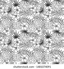 tropical flowers, leaves. seamless pattern. eps 10 vector illustration. hand drawing