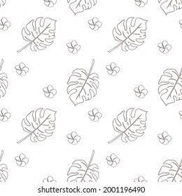 Flores tropicales y hojas un patrón sin soldadura. Ilustración floral exótica dibujada a mano para fondo, papel envolvente, paquete, web, papel tapiz, productos de spa y belleza, tela, textil