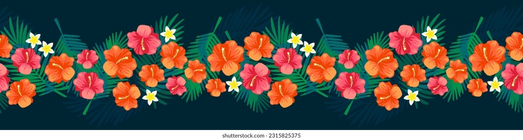 Tropical flowers and leaves seamless pattern. exotic watercolor floral, jungle exotic summer horizontal border design
