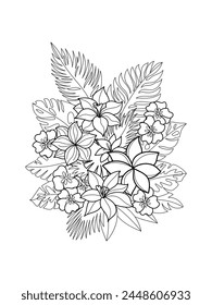 Tropical flowers and leaves. Seamless pattern. Page of coloring book for adults and children, art therapy. Outline drawing, doodles. Vector background.