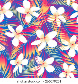 Tropical flowers with leaves seamless pattern .