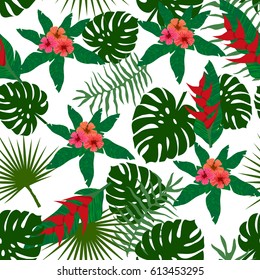 Tropical flowers and leaves seamless pattern. Tropic exotic hibiscus flowers and leaves. Floral seamless vector pattern. Tropical flowers and leaves. tropical pattern. seamless floral composition.