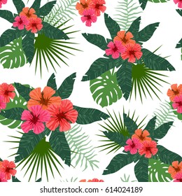 Tropical flowers and leaves seamless pattern. Tropic exotic hibiscus flowers and leaves. Floral seamless vector pattern. Tropical flowers and leaves. tropical pattern. seamless floral composition.