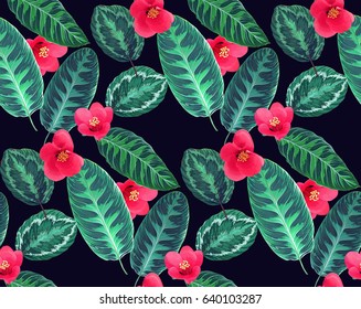 Tropical flowers and leaves seamless pattern. Floral Hawaiian background. Blooming elements. Botanical composition. Vector exotic plants.