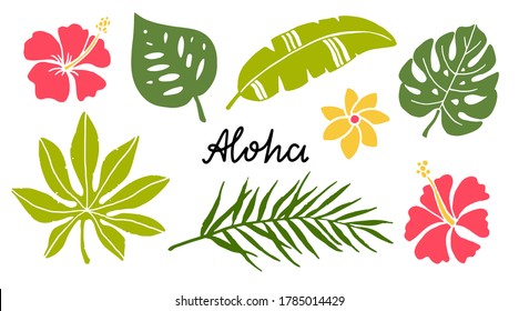 Tropical flowers, leaves set. Isolated on white background. Hand drawn. Handwritten text Aloha