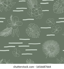 Tropical flowers and leaves sketchy vector seamless pattern. Exotic Hibiscus and Plumeria scattered blossom linear inky illustration. Coconut palm foliage on striped backdrop. Abstract botanical