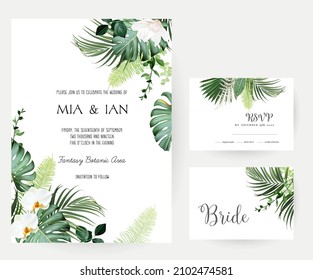 Tropical flowers and leaves vector design cards. White orchid, magnolia, dried fern, emerald monstera, jungle palm leaves frames. Exotic island wedding invitations. Elements are isolated and editable