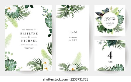 Tropical flowers and leaves vector design cards. White orchid, magnolia, dried fern, emerald monstera, jungle palm leaves frames. Exotic island wedding invitations. Elements are isolated and editable