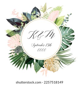 Tropical flowers and leaves vector design card. Pink leaves, gold glitter leaf, fern, emerald monstera, jungle palm leaves frame. Exotic island wedding invitation. Elements are isolated and editable