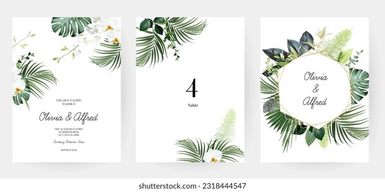 Flores tropicales y hojas tarjetas de diseño vectorial. Orquídea blanca, magnolia, helecho seco, monastera esmeralda, marcos de hojas de palma de jungla. Invitaciones nupciales de islas exóticas. Los elementos están aislados y se pueden editar