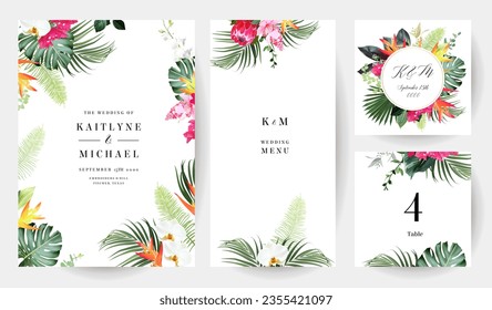 Flores tropicales y hojas tarjetas de diseño vectorial. Orquídea blanca, estrelitzia, protea, medinilla, monstera, marcos de hojas de palma de jungla. Invitaciones nupciales de islas exóticas. Los elementos están aislados y se pueden editar