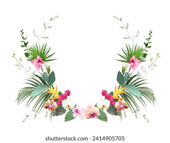 Tropical flowers and leaves vector design card. White orchid, strelitzia, canna, bougainvillea, monstera, jungle palm leaves frame. Exotic island wedding invitation. Elements are isolated and editable