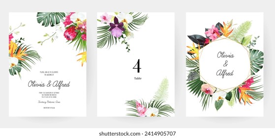 Tropical flowers and leaves vector design cards. White orchid, strelitzia, protea, calla, monstera, jungle palm leaves frames. Exotic island wedding invitations. Elements are isolated and editable