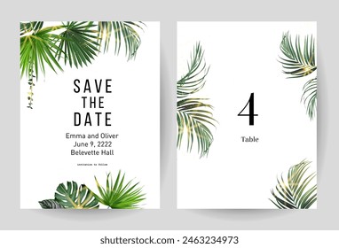 Tropical flowers and leaves vector design cards. Sun rays light, sunset palm leaves, emerald monstera, jungle palm leaves frames. Exotic island wedding invitations. Elements are isolated and editable