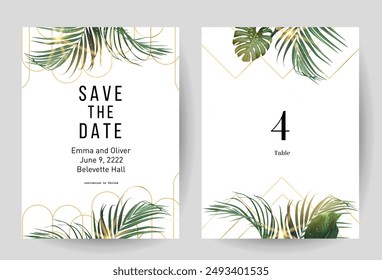 Tropical flowers and leaves vector design cards. Sun rays light, sunset palm leaves, emerald monstera, jungle palm leaves frames. Exotic island wedding invitations. Elements are isolated and editable