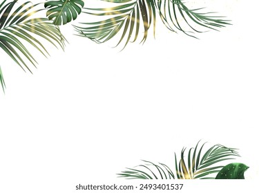 Tropical flowers and leaves vector design card. Sun rays light, sunset palm leaves, emerald monstera, jungle palm leaves frame. Exotic island wedding invitation. Elements are isolated and editable