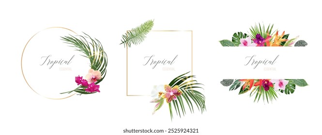 Tropical flowers and leaves vector design cards. Sun rays light, sunset palm leaves, emerald monstera, jungle palm leaves frames. Exotic island wedding invitations. Elements are isolated and editable