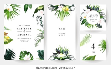 Tropical flowers and leaves vector design cards. Island flowers, sunset palm leaves, emerald monstera, jungle palm leaves frames. Exotic island wedding invitations. Elements are isolated and editable
