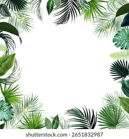 Tropische Blumen und Blätter Vektor-Design-Karte. Sonnenstrahlen Licht, Sonnenuntergang Palmenblätter, Smaragd Monstera, Dschungel Palmenblätter Rahmen. Exotische Insel Hochzeit Einladung. Elemente sind isoliert und bearbeitbar