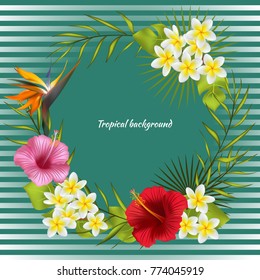 Tropical flowers and leaves. Vector illustration.