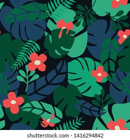 Tropical flowers and leaves vector pattern