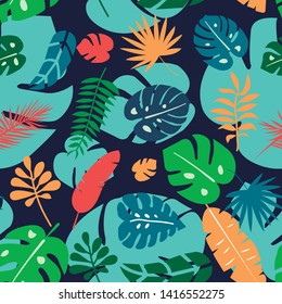 Tropical flowers and leaves vector pattern
