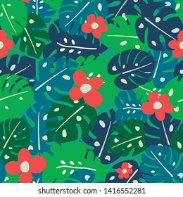 Tropical flowers and leaves vector pattern