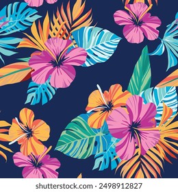 Tropical flowers and leaves with watercolor design pattern. Background using and clothes design pattern using