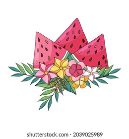 tropical flowers and leaves and   watermelon slices vector colorful red, green and yellow  illustration