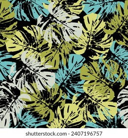 Tropical flowers Mid-Century Modern Art Future Abstract and artistic palm leaves on background.   philodendron leaf, modern colorful tropics background allover print, 