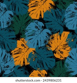 Tropical flowers Mid-Century Modern Art Future Abstract and artistic palm leaves on background.  Tropical palm Seamless vector wallpaper on dark background.