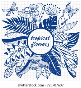 Tropical flowers mock up. Outline composition on squared notebook paper.