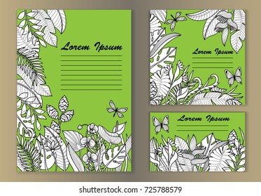 Tropical flowers mock up. Outline typography composition A4, square and business card formats.