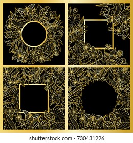 Tropical flowers mock ups set. Outline typography square composition. Luxury gold template collection for wedding, birthday greeting cards, invitation, postcards.
