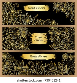 Tropical flowers mock ups set. Outline typography composition. Luxury gold banner template collection for wedding, birthday greeting cards, invitation, postcards with text place.