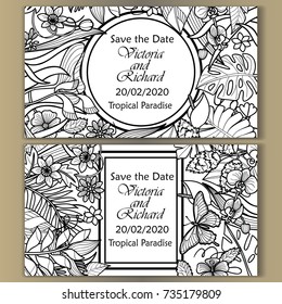 Tropical flowers mock ups set. Outline typography coloring page composition with frames. Black and white banner template collection for wedding, birthday greeting cards, invitation with text place.