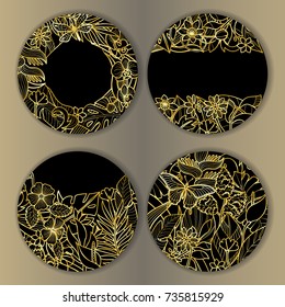 Tropical flowers mock ups set. Outline typography round composition. Luxury gold template collection for wedding, birthday greeting cards, invitation, postcards.