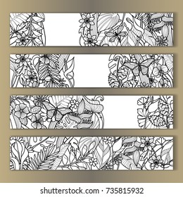 Tropical flowers mock ups set. Outline typography composition. White and black banner template collection for wedding, birthday greeting cards, invitation, postcards with text place.