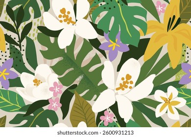 Tropical flowers Modern Art Abstract and artistic palm leaves on background. Seamless. Vector pattern.