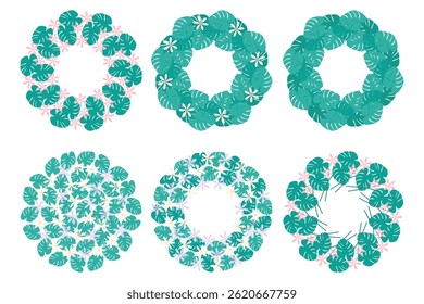 Tropical flowers and Monstera leaves Circle Frame border and Background Copy space Template Big Set