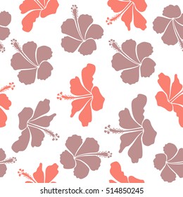Tropical flowers in neutral and pink colors. Hibiscus vector pattern on a white background.