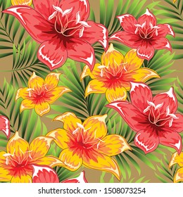 Tropical flowers on a background of palm branches and leaves. Seamless pattern.