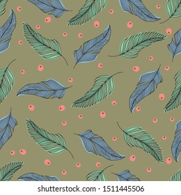 Tropical flowers on a background of palm leaves. Seamless pattern with tropical plants leaves and flowers. Tropical illustration. Jungle foliage. Vector seamless pattern for fabrics, packaging, gifts