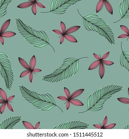 Tropical flowers on a background of palm leaves. Seamless pattern with tropical plants leaves and flowers. Tropical illustration. Jungle foliage. Vector seamless pattern for fabrics, packaging, gifts
