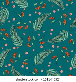 Tropical flowers on a background of palm leaves. Seamless pattern with tropical plants leaves and flowers. Tropical illustration. Jungle foliage. Vector seamless pattern for fabrics, packaging, gifts
