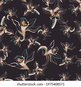 Tropical flowers on a black background, seamless pattern for fabric. Vector illustration of vanilla and lily flowers.