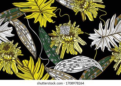 Tropische Blumen auf dunklem Hintergrund, Stoffdesign.