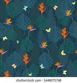 
Tropical flowers on leaves seamless pattern with butterfly